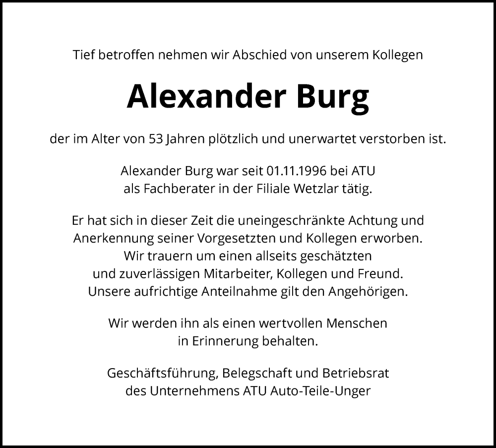  Traueranzeige für Alexander Burg vom 13.12.2025 aus Wetzlarer Neue Zeitung