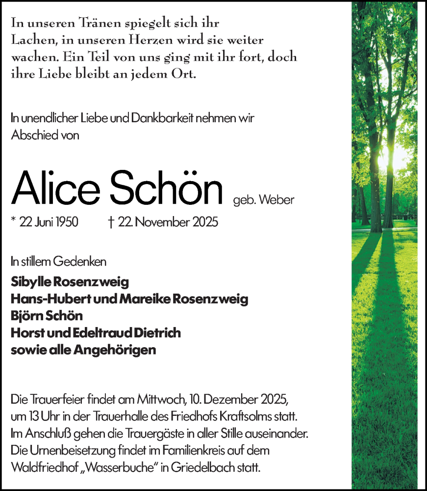  Traueranzeige für Alice Schön vom 06.12.2025 aus Wetzlarer Neue Zeitung