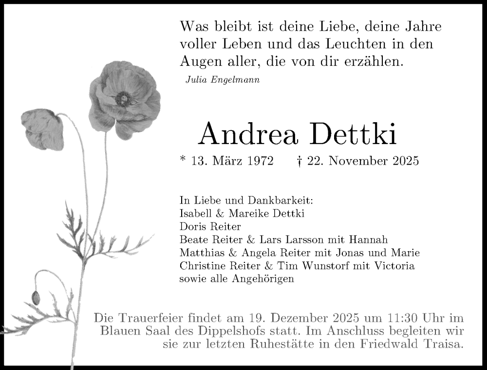  Traueranzeige für Andrea Dettki vom 06.12.2025 aus Darmstädter Echo