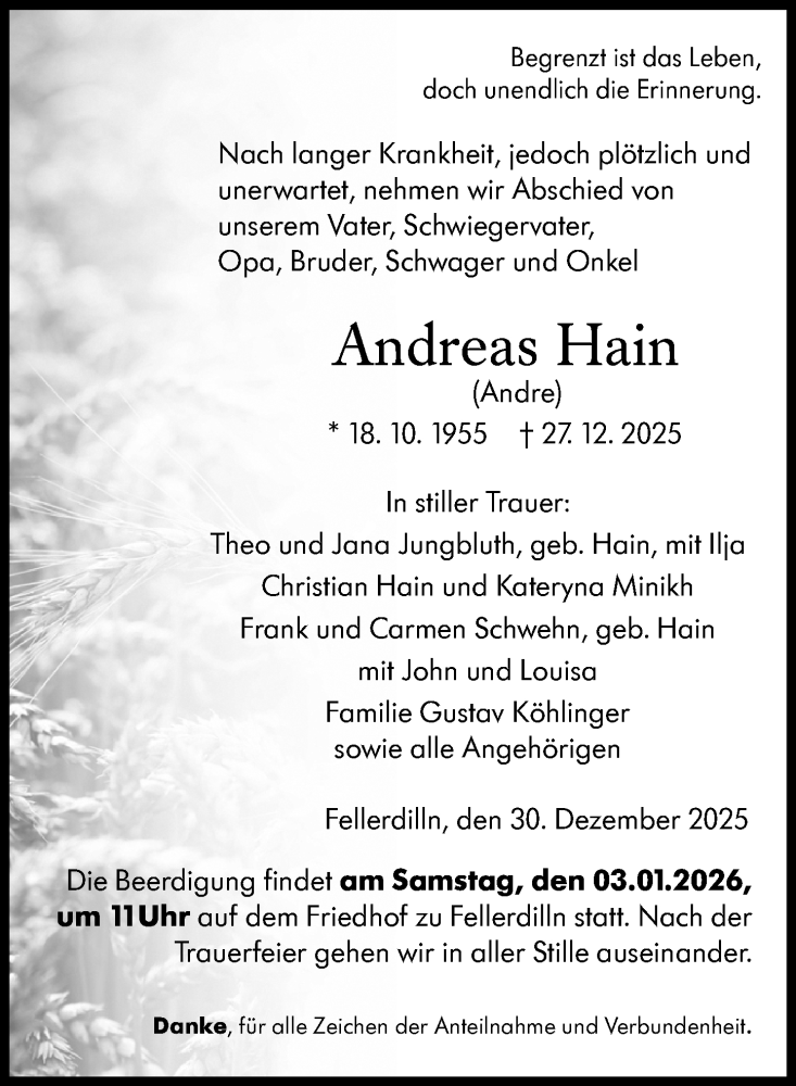 Traueranzeige für Andreas Hain vom 30.12.2025 aus Dill Block