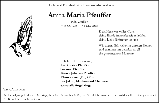 Traueranzeige von Anita Maria Pfeuffer von Allgemeine Zeitung Alzey