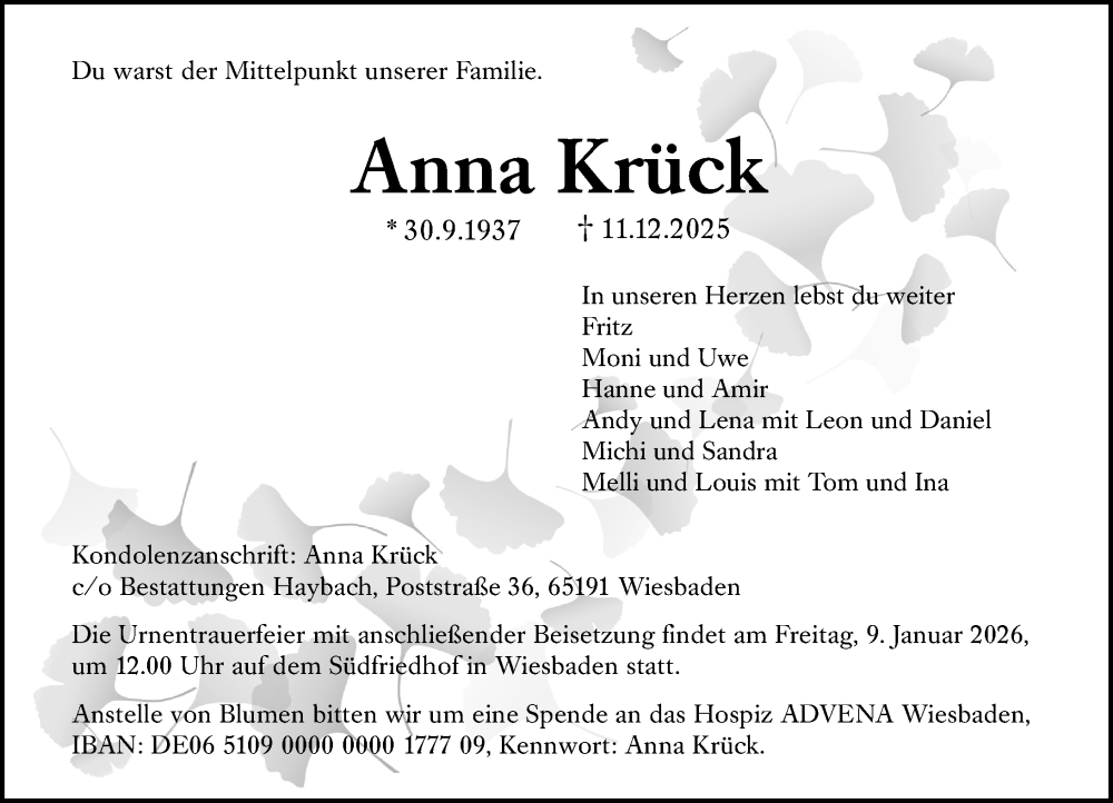  Traueranzeige für Anna Krück vom 20.12.2025 aus Wiesbadener Kurier