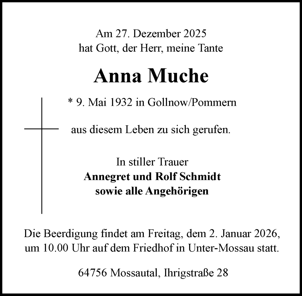  Traueranzeige für Anna Muche vom 31.12.2025 aus Odenwälder Echo