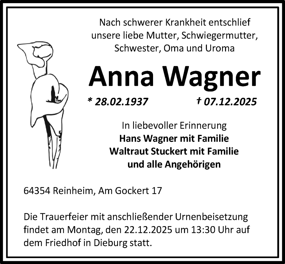  Traueranzeige für Anna Wagner vom 20.12.2025 aus Dieburger Anzeiger/Groß-Zimmerner Lokal-Anzeiger