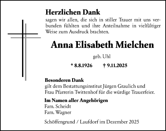 Traueranzeige von Anna Elisabeth Mielchen von Wetzlarer Neue Zeitung