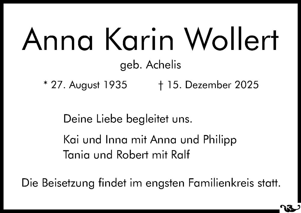  Traueranzeige für Anna Karin Wollert vom 20.12.2025 aus Allgemeine Zeitung Mainz