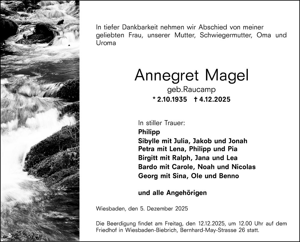  Traueranzeige für Annegret Magel vom 08.12.2025 aus Wiesbadener Kurier