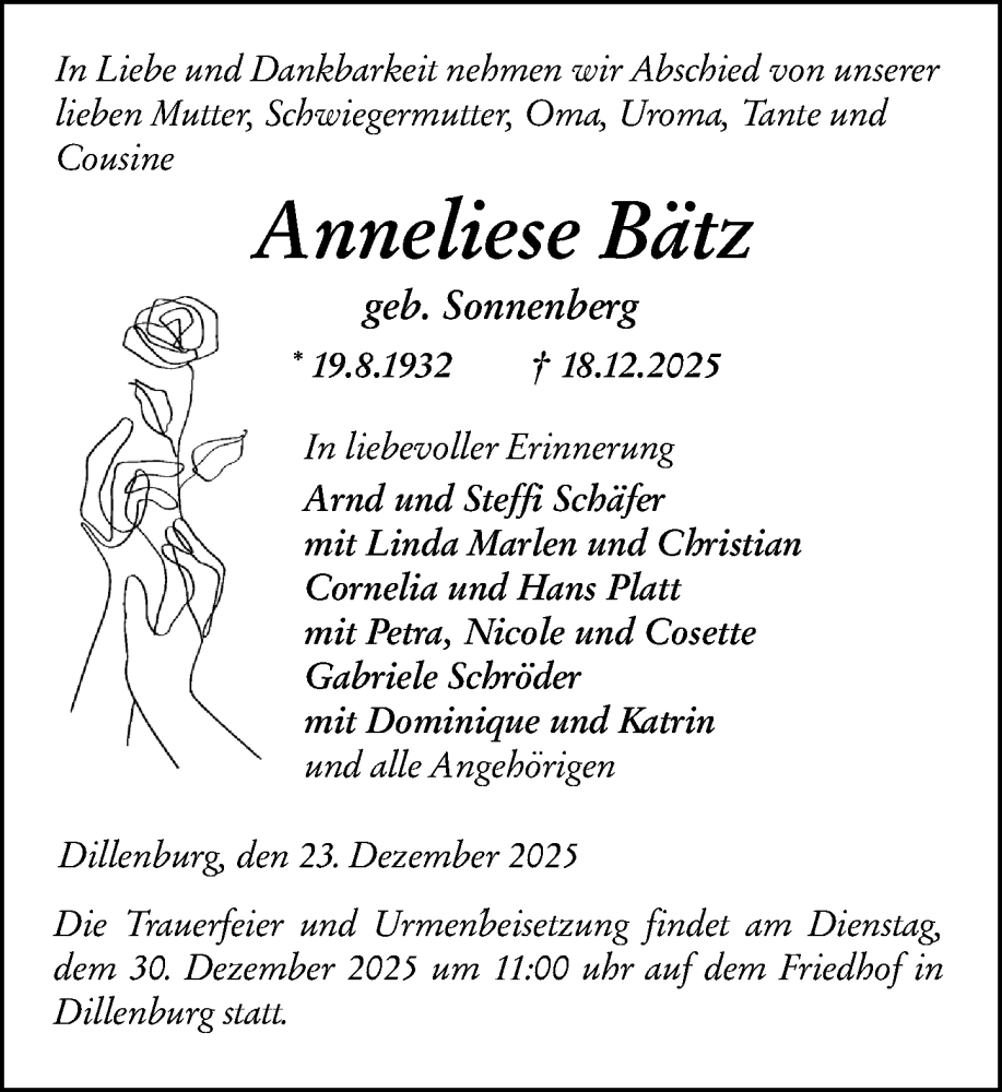  Traueranzeige für Anneliese Bätz vom 23.12.2025 aus Dill Block