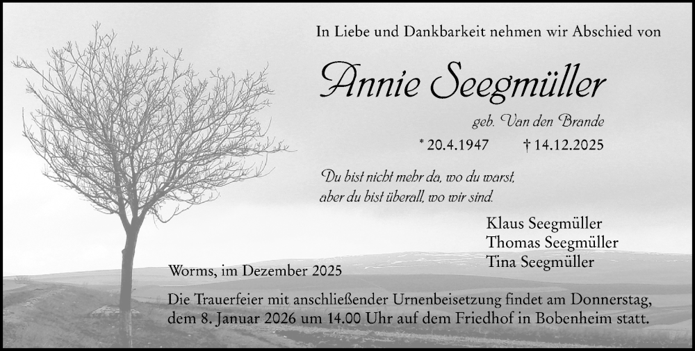  Traueranzeige für Annie Seegmüller vom 20.12.2025 aus Wormser Zeitung