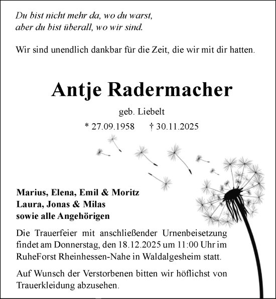 Traueranzeige von Antje Radermacher von Wiesbadener Kurier