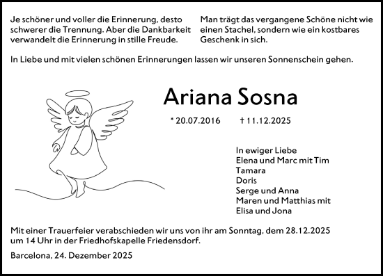 Traueranzeige von Ariana Sosna von Hinterländer Anzeiger