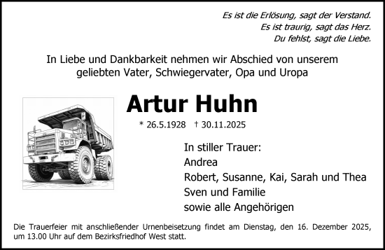 Traueranzeige von Artur Huhn von Allgemeine Zeitung Mainz