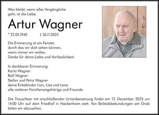 Traueranzeige von Artur Wagner von Allgemeine Zeitung Mainz