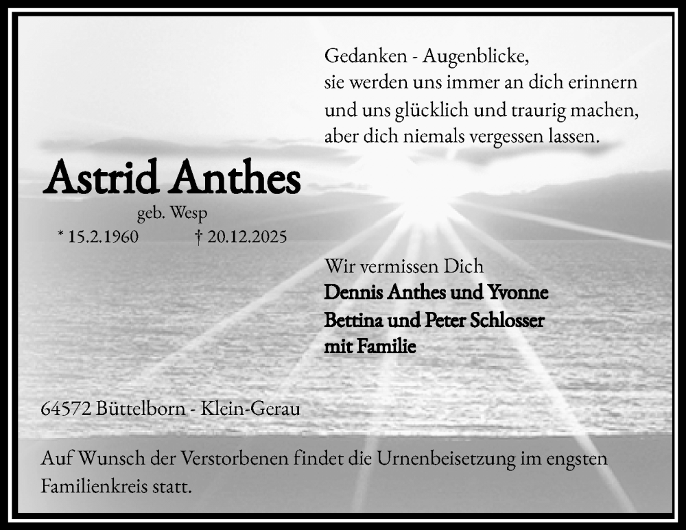  Traueranzeige für Astrid Anthes vom 27.12.2025 aus Groß-Gerauer Echo