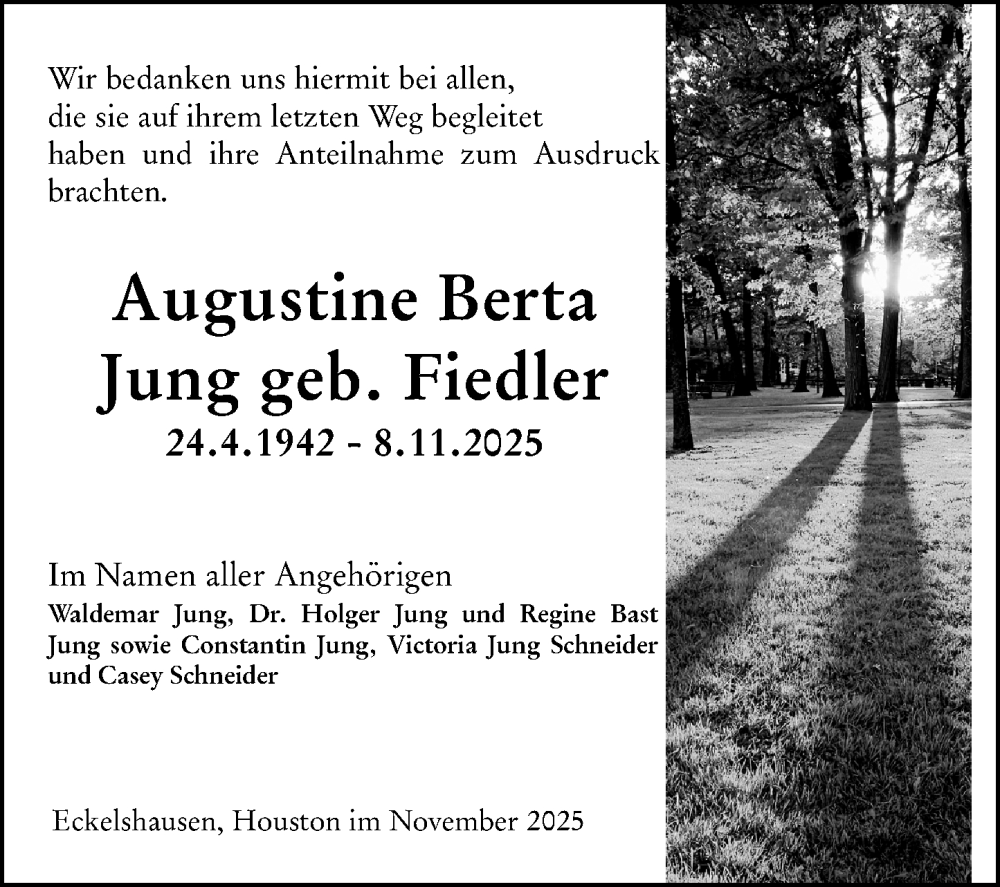  Traueranzeige für Augustine Berta Jung vom 03.12.2025 aus Hinterländer Anzeiger