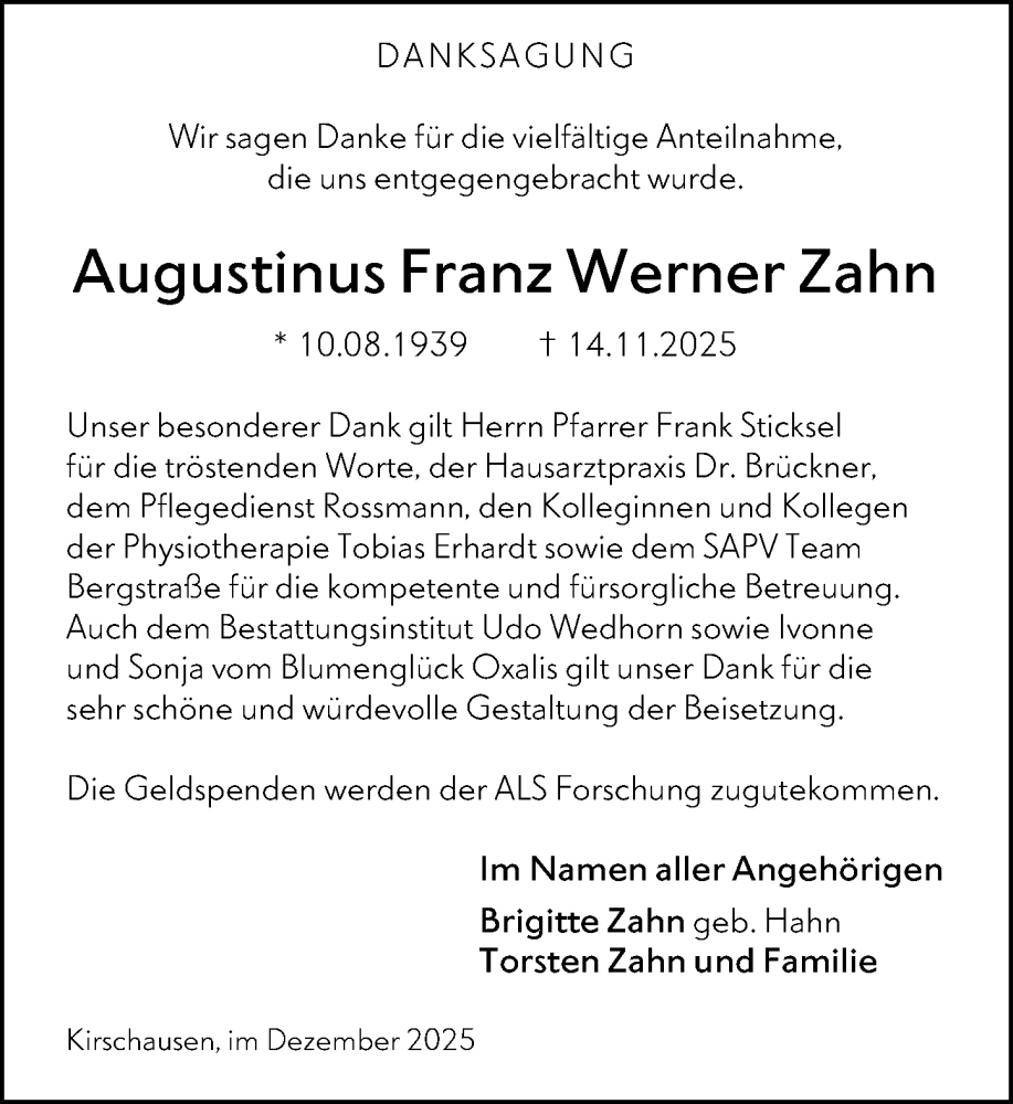  Traueranzeige für Augustinus Franz Werner Zahn vom 20.12.2025 aus Starkenburger Echo