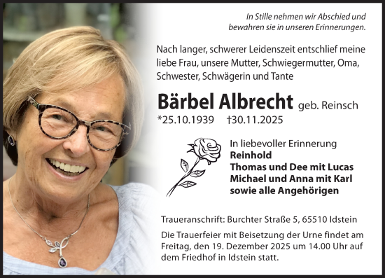 Traueranzeige von Bärbel Albrecht von Idsteiner Land/Untertaunus