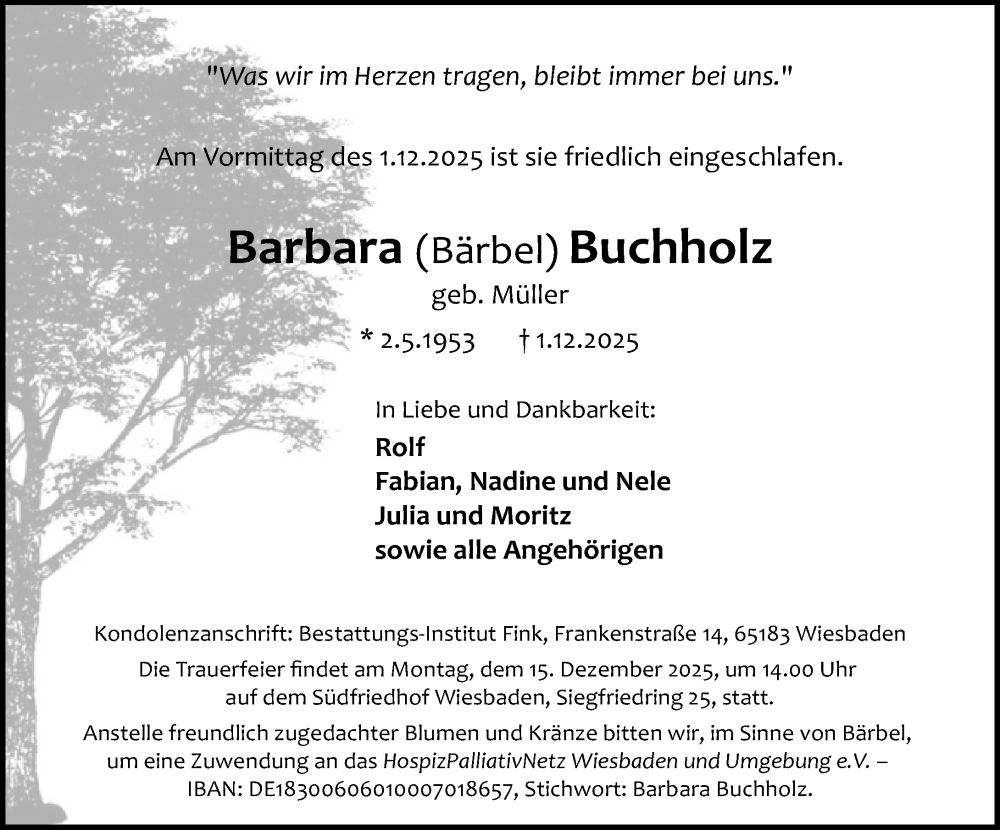  Traueranzeige für Barbara Buchholz vom 06.12.2025 aus Wiesbadener Kurier
