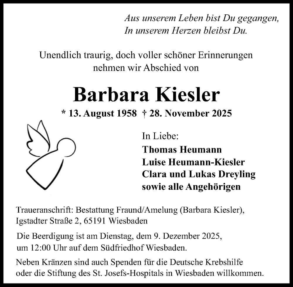  Traueranzeige für Barbara Kiesler vom 06.12.2025 aus Wiesbadener Kurier