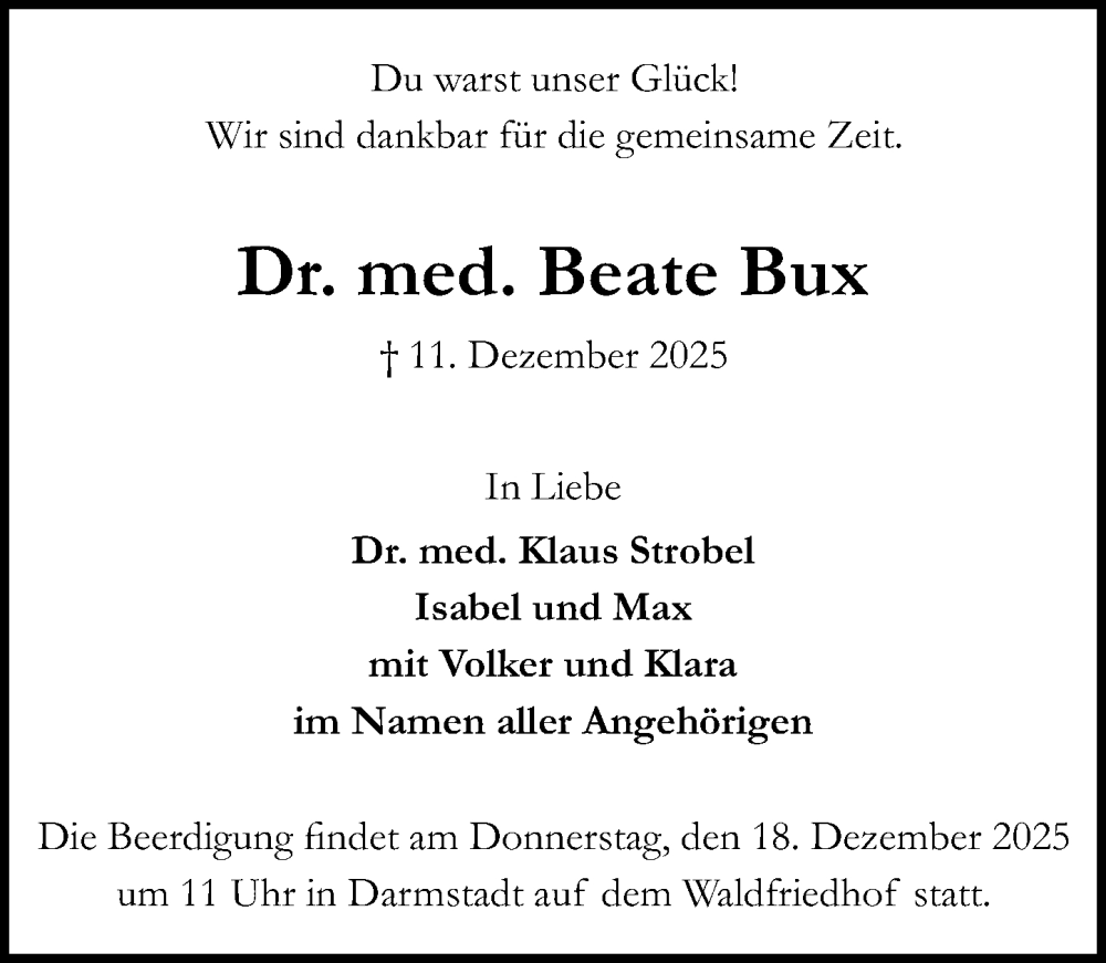  Traueranzeige für Beate Bux vom 13.12.2025 aus Darmstädter Echo
