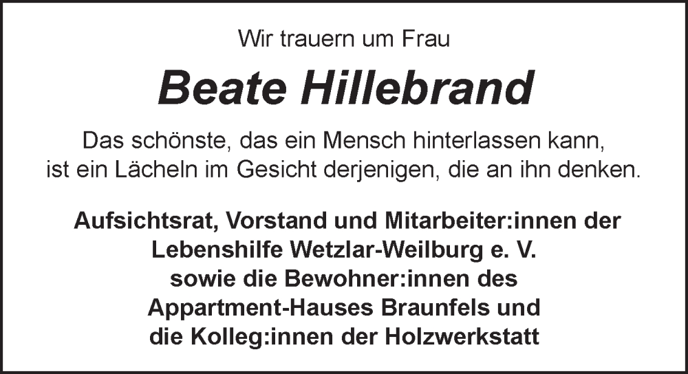  Traueranzeige für Beate Hillebrand vom 27.12.2025 aus Weilburger Tageblatt