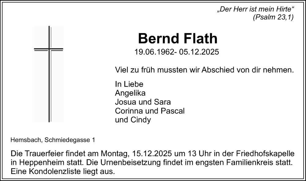  Traueranzeige für Bernd Flath vom 11.12.2025 aus Starkenburger Echo