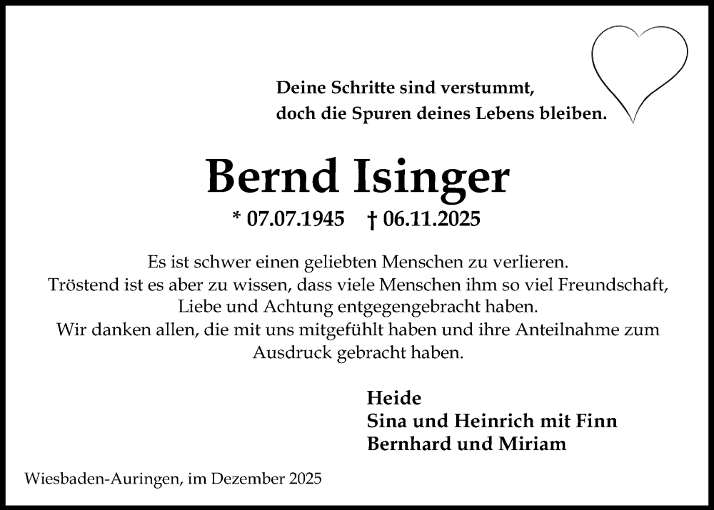 Traueranzeige für Bernd Isinger vom 06.12.2025 aus Wiesbadener Kurier