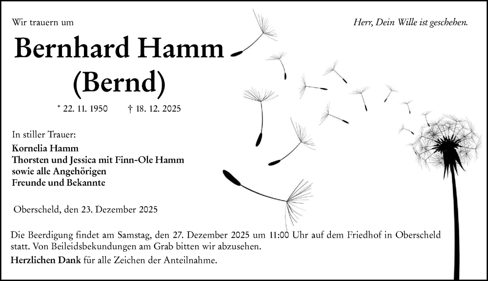  Traueranzeige für Bernhard Hamm vom 23.12.2025 aus Dill Block