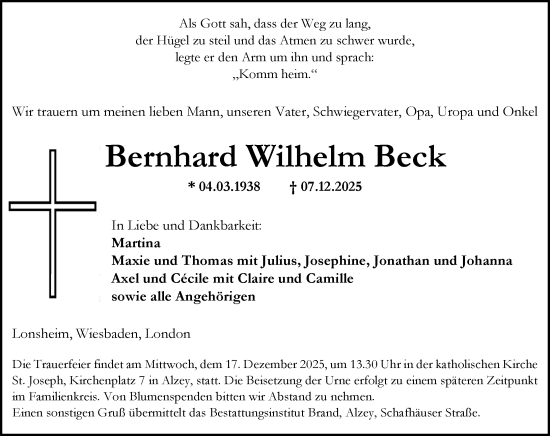 Traueranzeige von Bernhard Wilhelm Beck von Wiesbadener Kurier