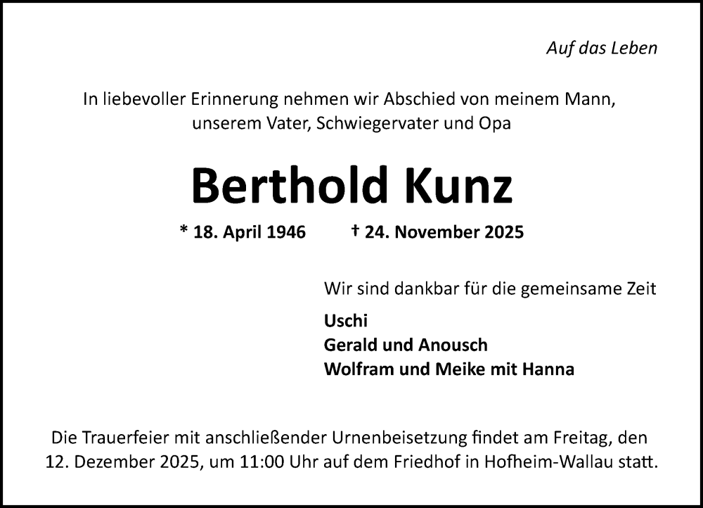  Traueranzeige für Berthold Kunz vom 06.12.2025 aus Wiesbadener Kurier