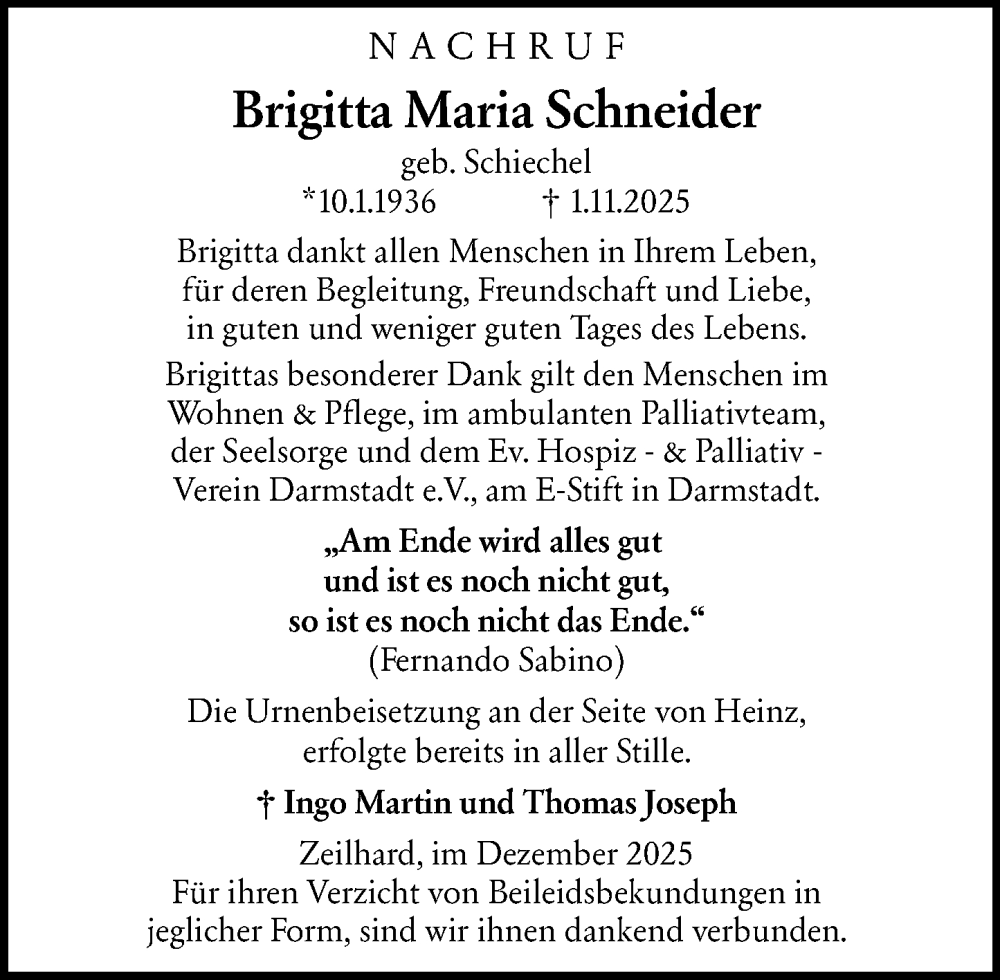  Traueranzeige für Brigitta Maria Schneider vom 20.12.2025 aus Darmstädter Echo