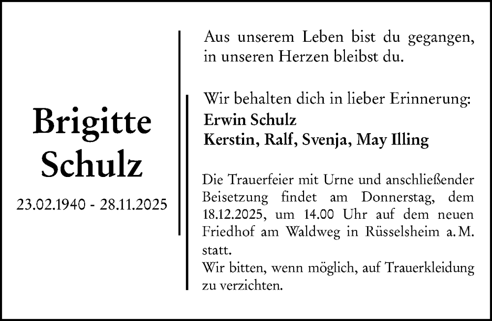  Traueranzeige für Brigitte Schulz vom 13.12.2025 aus Rüsselsheimer Echo