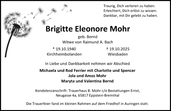 Traueranzeige von Brigitte Eleonore Mohr von Wiesbadener Kurier