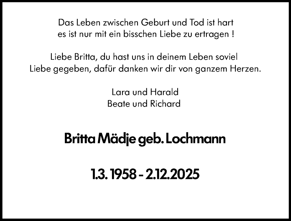  Traueranzeige für Britta Mädje vom 06.12.2025 aus Allgemeine Zeitung Mainz