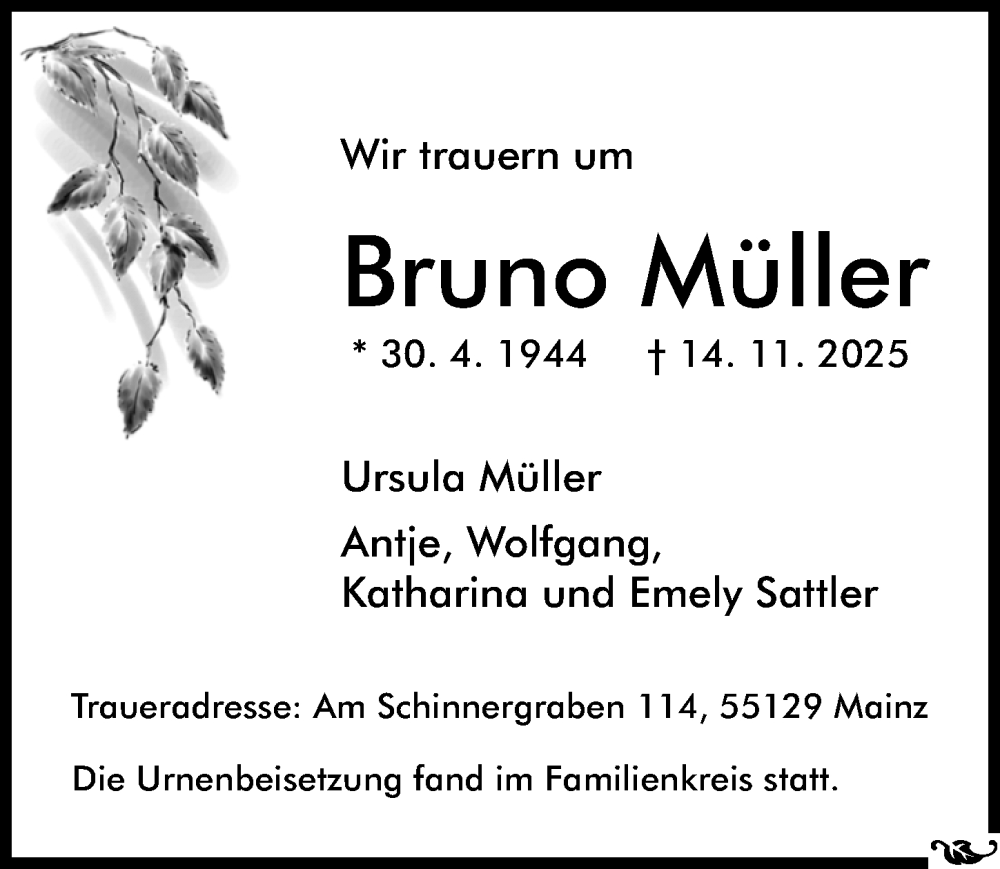  Traueranzeige für Bruno Müller vom 13.12.2025 aus Allgemeine Zeitung Mainz