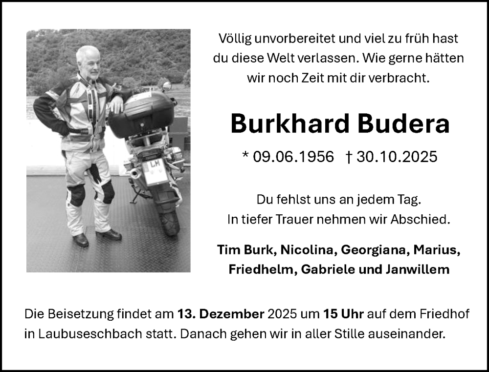  Traueranzeige für Burkhard Budera vom 06.12.2025 aus Weilburger Tageblatt