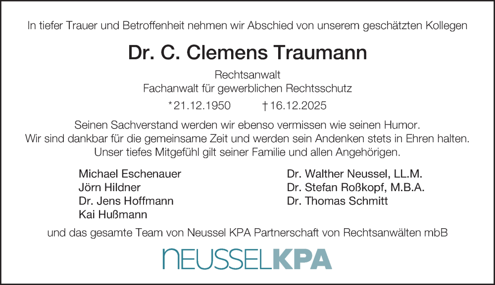  Traueranzeige für C. Clemens Traumann vom 20.12.2025 aus Allgemeine Zeitung Rheinhessen-Nahe
