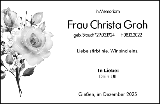 Traueranzeige von Christa Groh von Wetzlarer Neue Zeitung