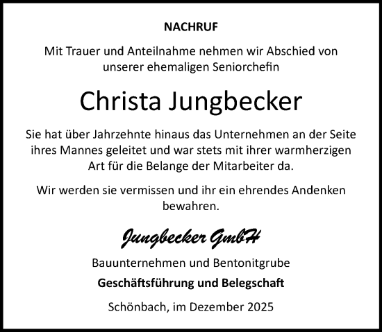 Traueranzeige von Christa Jungbecker von Dill Block