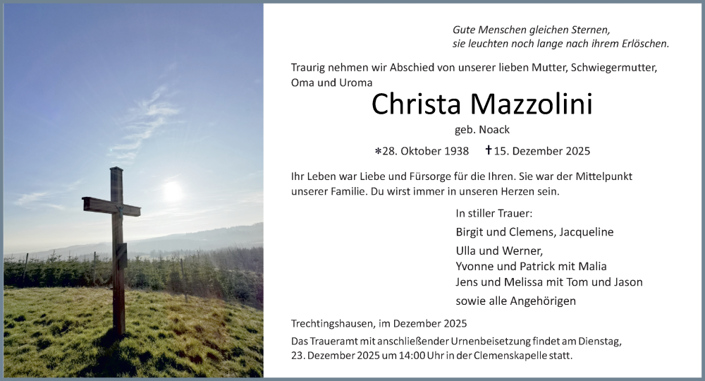  Traueranzeige für Christa Mazzolini vom 20.12.2025 aus Binger-/Ingelheimer Wochenblatt