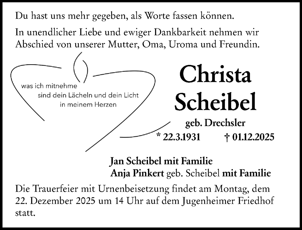  Traueranzeige für Christa Scheibel vom 13.12.2025 aus Darmstädter Echo