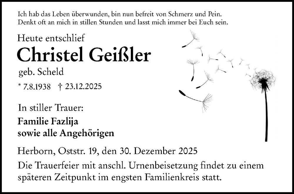  Traueranzeige für Christel Geißler vom 30.12.2025 aus Dill Block