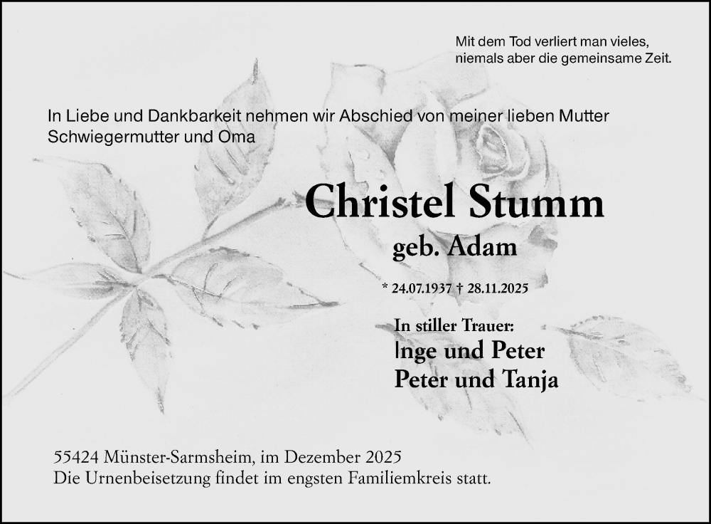  Traueranzeige für Christel Stumm vom 06.12.2025 aus Allgemeine Zeitung Rheinhessen-Nahe