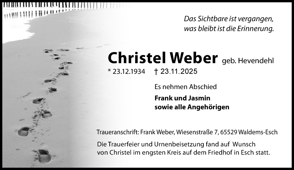  Traueranzeige für Christel Weber vom 06.12.2025 aus Idsteiner Land/Untertaunus