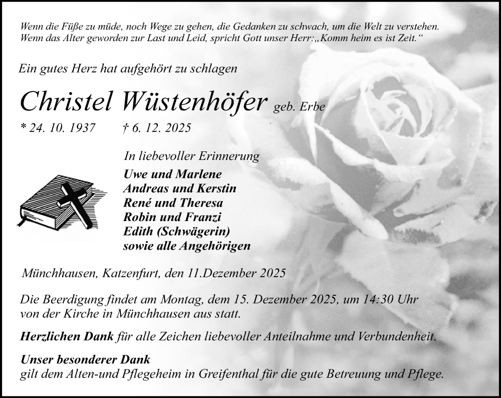  Traueranzeige für Christel Wüstenhöfer vom 11.12.2025 aus Dill Block