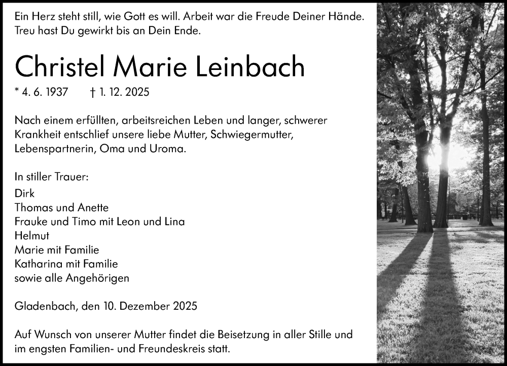  Traueranzeige für Christel Marie Leinbach vom 10.12.2025 aus Hinterländer Anzeiger