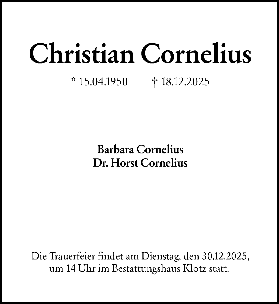 Traueranzeige für Christian Cornelius vom 27.12.2025 aus Wormser Zeitung