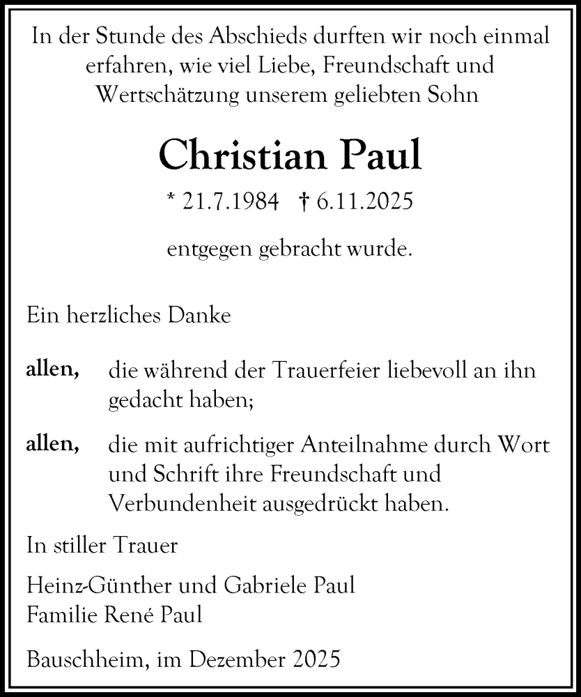  Traueranzeige für Christian Paul vom 27.12.2025 aus Rüsselsheimer Echo