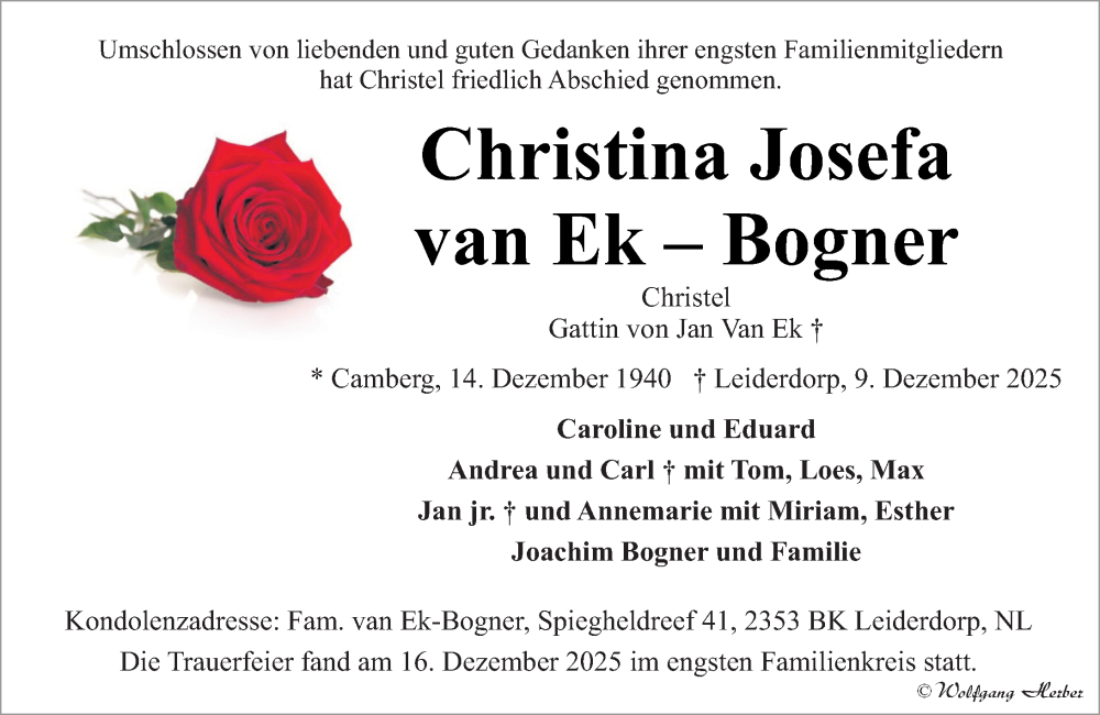  Traueranzeige für Christina Josefa van Ek-Bogner vom 18.12.2025 aus Camberger Anzeiger