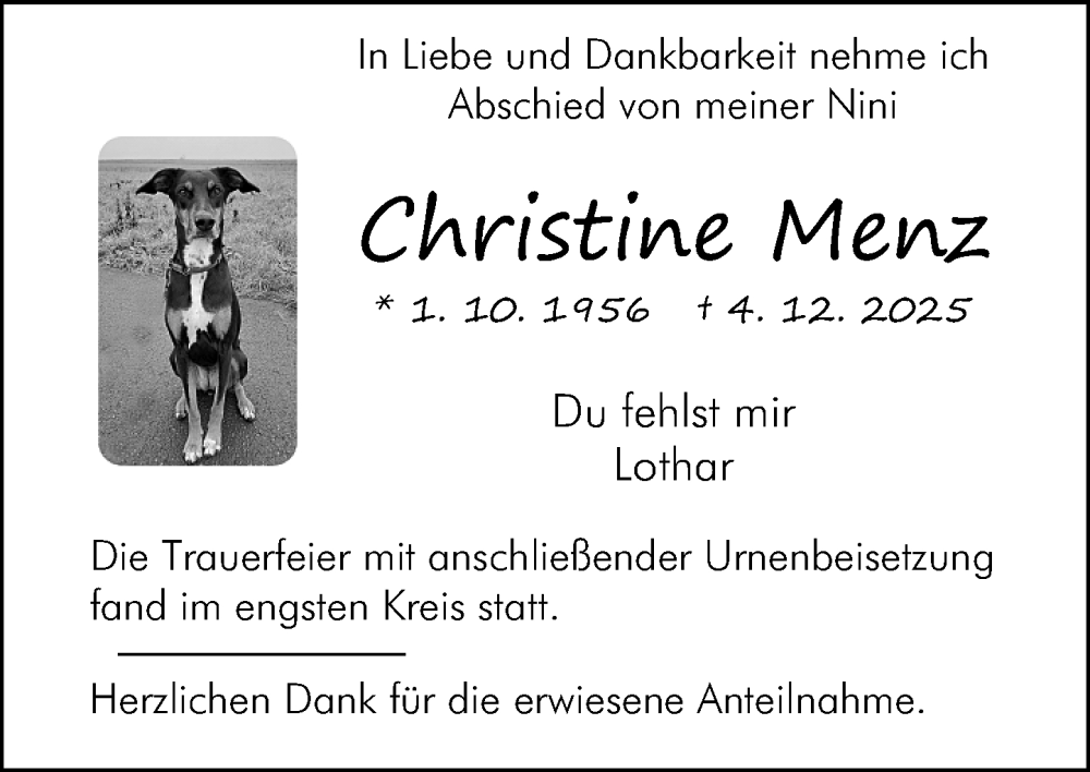  Traueranzeige für Christine Menz vom 20.12.2025 aus Wetzlarer Neue Zeitung